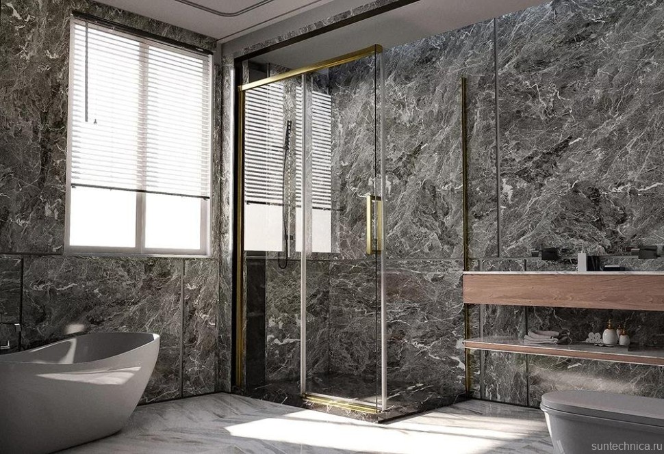 Душевой уголок Veconi Premium Trento PTC-SP-40G 140x90, профиль брашированное золото, стекло прозрачное