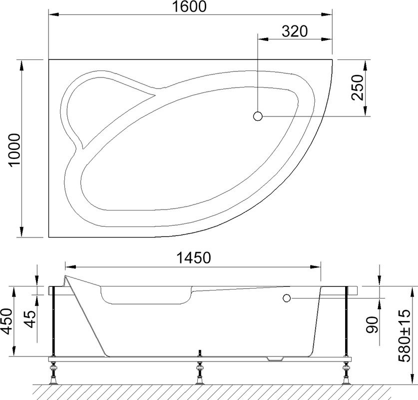Акриловая ванна Royal Bath Alpine RB 819101 L 160x100 см, угловая, левая, пристенная, белая, асимметричная, с каркасом, с сиденьем
