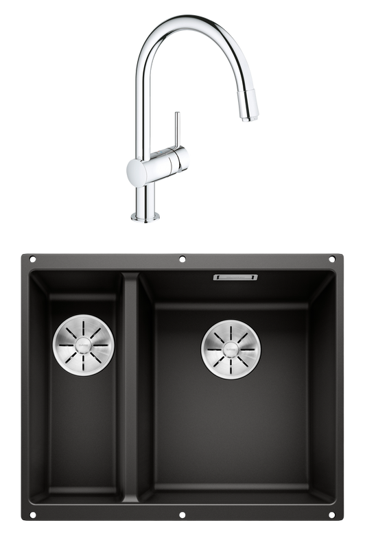 Комплект Мойка Blanco Subline 340/160-U черная, правая + Смеситель Grohe Minta 3291800E хром