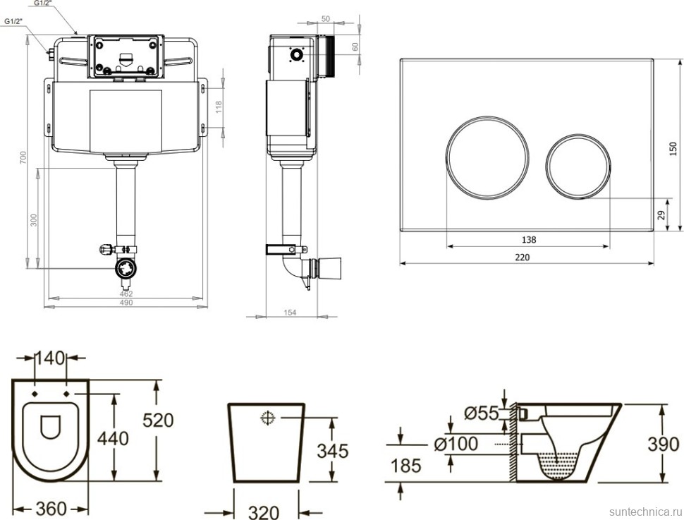 Комплект Lavinia Boho Унитаз приставной Biore 33044050 + Крышка-сиденье Biore 33290410 с микролифтом + Бачок скрытого монтажа RelFix 38020010 + Кнопка RelFix 38050804 + Дозатор RelFix 38040010