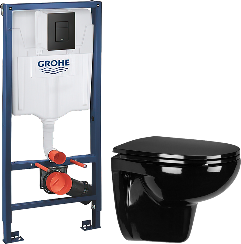 Комплект Унитаз подвесной Wanfald Lauta 47374100005 черный + Инсталляция Grohe Solido 38811KF0 3 в 1 с кнопкой смыва