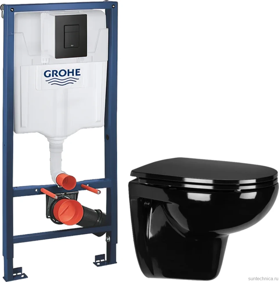 Комплект Унитаз подвесной Wanfald Lauta 47374100005 черный + Инсталляция Grohe Solido 38811KF0 3 в 1 с кнопкой смыва