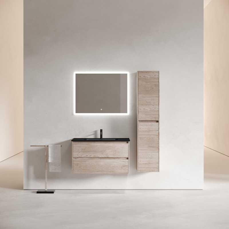 Мебель для ванной комнаты Sancos Libra 90 дуб галифакс натуральный, черная раковина CN7002MB