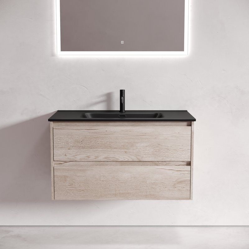 Мебель для ванной комнаты Sancos Libra 90 дуб галифакс натуральный, черная раковина CN7002MB