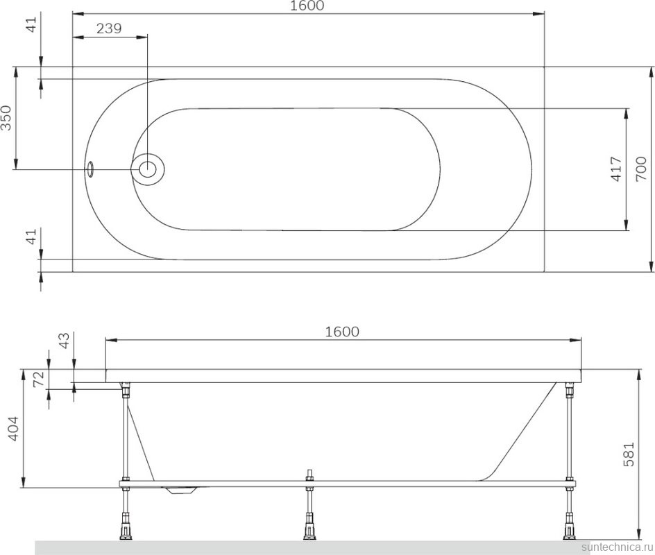 Акриловая ванна AM.PM X-Joy W94A 160x70 см, пристенная, белая, с каркасом