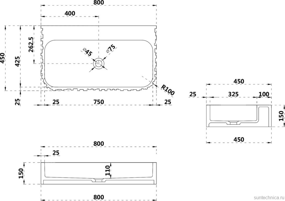 Раковина подвесная Abber Stein AS2652-0.8 80 матовая белая, прямоугольная, искусственный камень