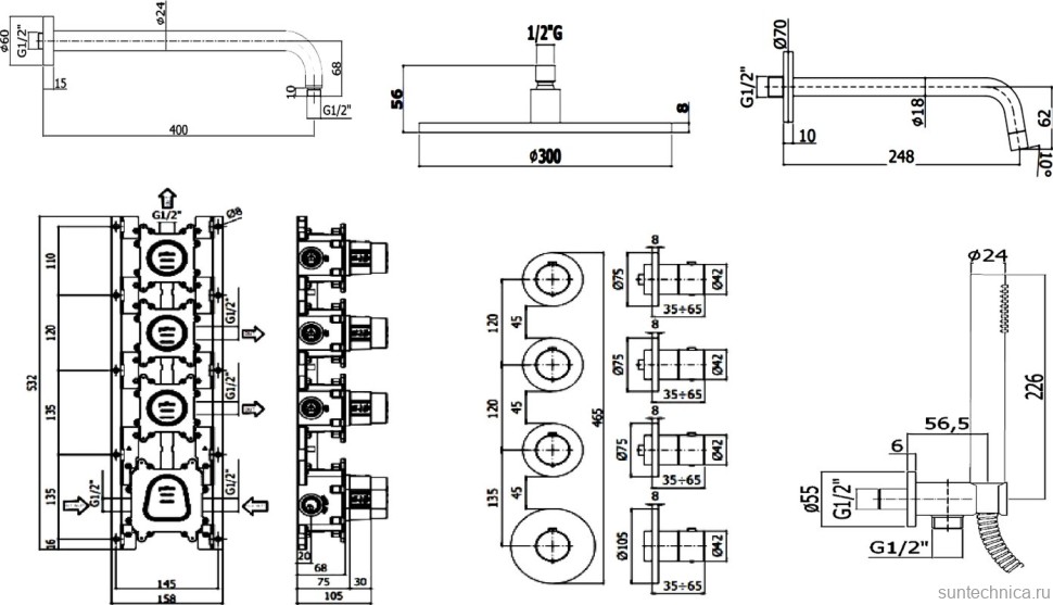 Душевой комплект Paffoni Modular Box KITMB019HG046KING С ВНУТРЕННЕЙ ЧАСТЬЮ, верхний душ 30 см, медовое золото