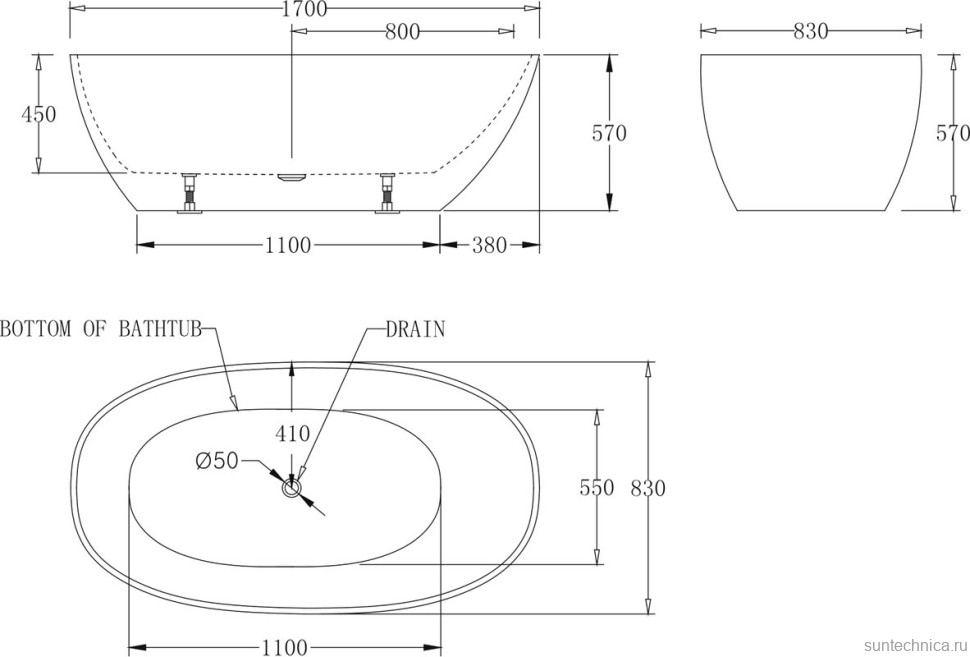 Акриловая ванна BelBagno BB80-1700-W0 170x85 см, отдельностоящая, белая, овальная, на ножках, с донным клапаном