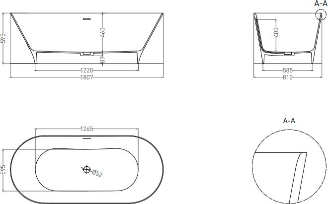 Ванна из искусственного камня Salini Mona S-Stone 180x80 см, отдельностоящая, матовая белая, овальная, со сливом-переливом, с донным клапаном