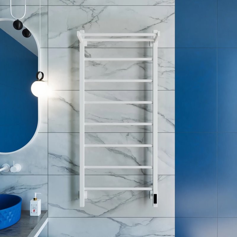 Полотенцесушитель электрический Grota App 530х1200 RAL9016 EL 120x55 см, подключение справа, слева, скрытое подключение справа, матовый белый, лесенка, из стали, с полкой