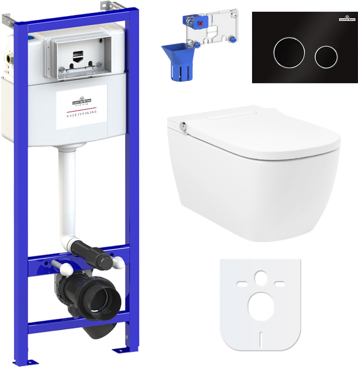 Комплект Lavinia Boho Унитаз подвесной Smart V-Clean 3359101R безободковый, с микролифтом + Инсталляция RelFix 38010010 + Кнопка RelFix 380502MB матовая черная + Дозатор RelFix 38040010
