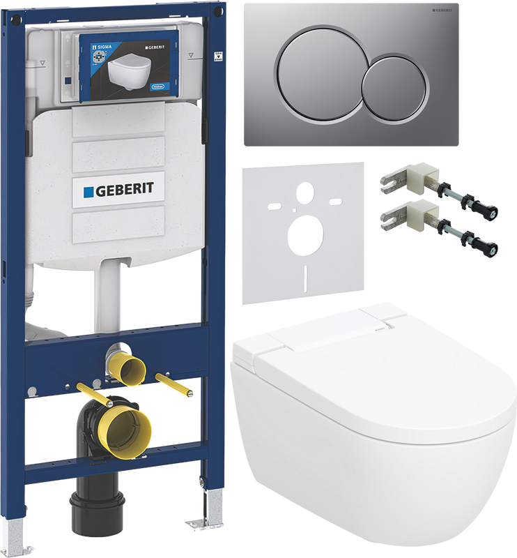 Комплект Умный унитаз Geberit AquaClean Alba безободковый, с биде + Инсталляция Duofix UP 320 111.300.00.5 + Кнопка Sigma 01 115.770.JQ.5 лакированная, матовый хром + Звукоизоляция + Крепления 111.815.00.1 к стене
