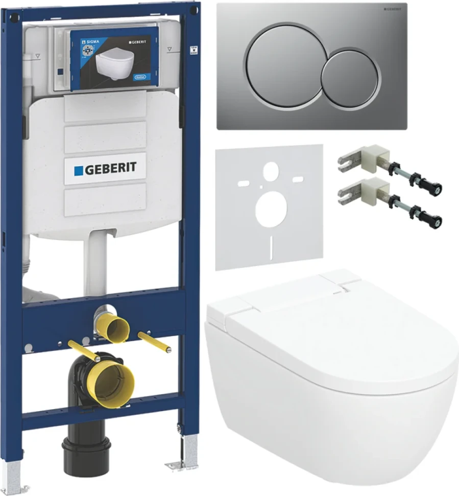 Комплект Умный унитаз Geberit AquaClean Alba безободковый, с биде + Инсталляция Duofix UP 320 111.300.00.5 + Кнопка Sigma 01 115.770.JQ.5 лакированная, матовый хром + Звукоизоляция + Крепления 111.815.00.1 к стене