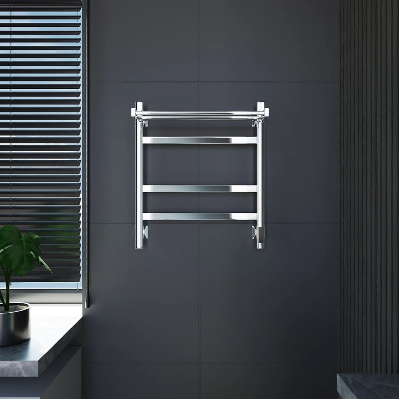 Полотенцесушитель электрический Grota Tela 530х600 NP EL 60x55 см, подключение справа, слева, скрытое подключение справа, глянцевый хром, лесенка, с полкой