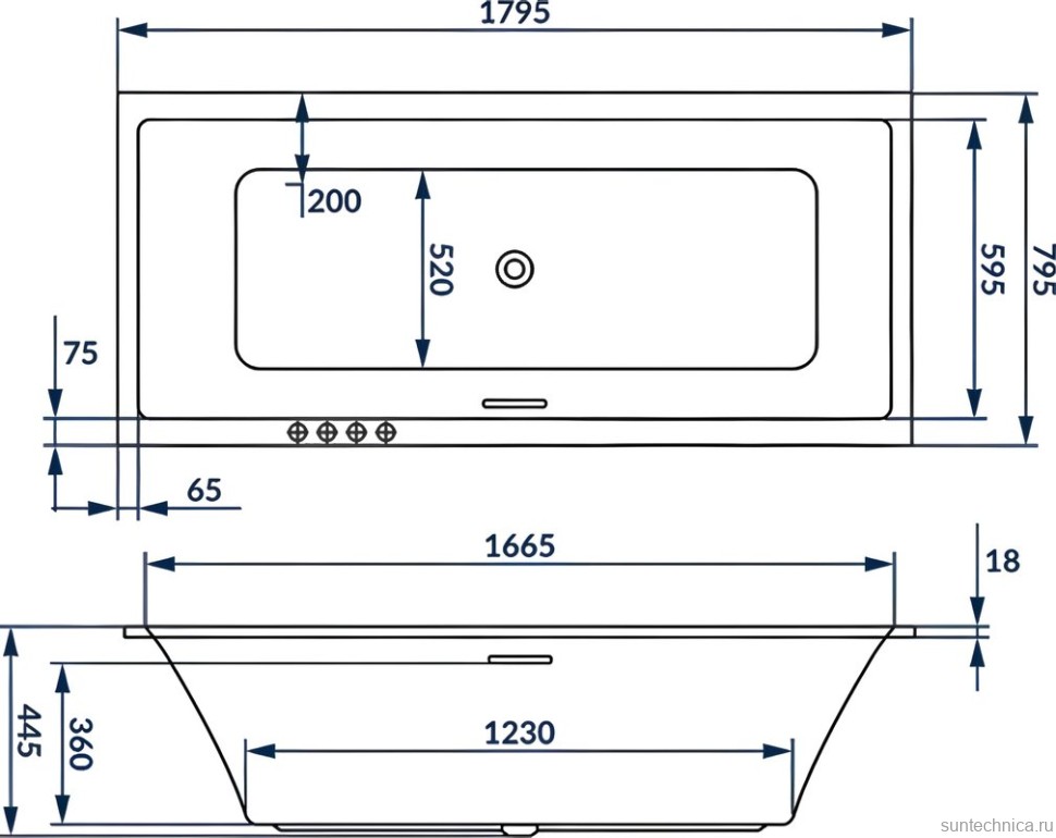 Акриловая ванна Excellent Heaven Slim Line 180x80 см, встраиваемая, с гидромассажем, белая, с каркасом, со сливом-переливом, фурнитура золото