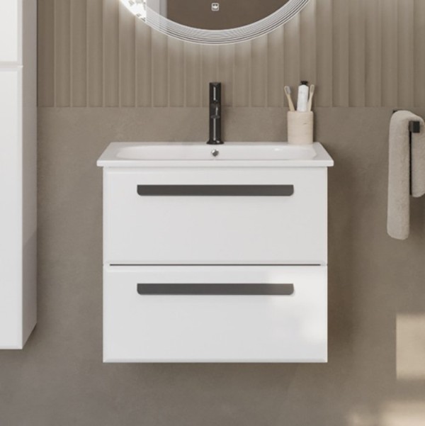 Тумба с раковиной Cezares Eco Cer 60 ручки матовые черные, bianco opaco