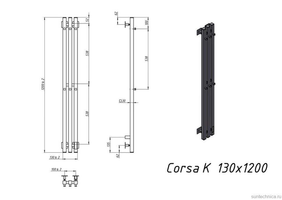 Полотенцесушитель электрический Grota Corsa K N RAL9005 EL 13х120, с крючками, матовый черный
