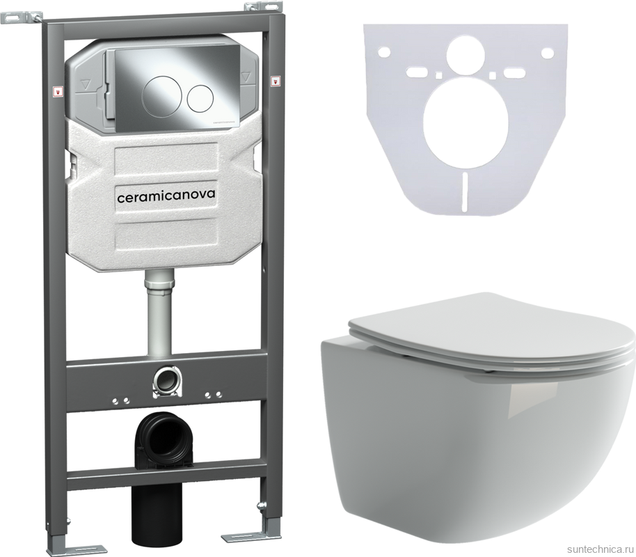 Комплект Унитаз подвесной Ceramicanova Forma CN3009 безободковый, с микролифтом + Инсталляция Envision CN1001CH + Кнопка Round, хром