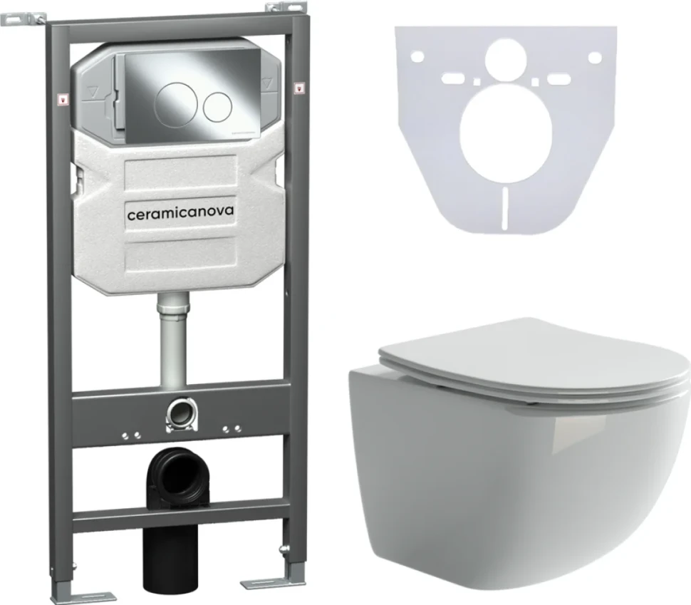 Комплект Унитаз подвесной Ceramicanova Forma CN3009 безободковый, с микролифтом + Инсталляция Envision CN1001CH + Кнопка Round, хром