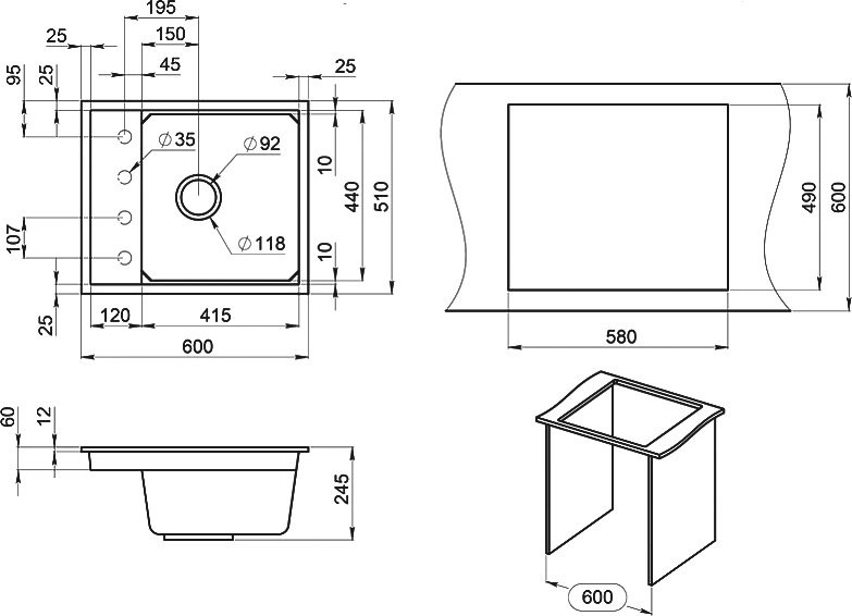 Мойка кухонная Granula Kitchen Space 6004, алюминиум