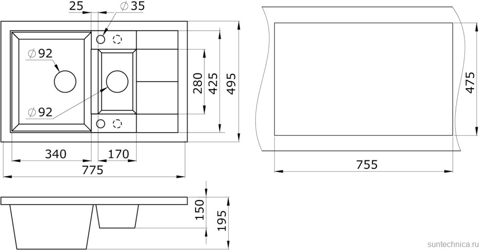 Комплект Мойка Paulmark Flugen 60/1,5 PM237850-BLM черный металлик + Измельчитель Bone Crusher BC 610-AS
