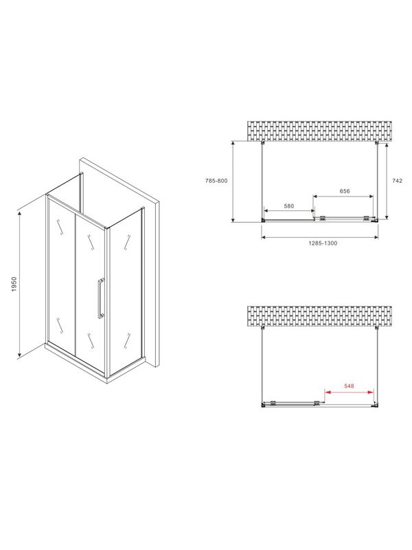 Душевой уголок Abber Schwarzer Diamant AG30130BMH-S80BM-S80BM 130х80 см, профиль матовый черный, стекло матовое