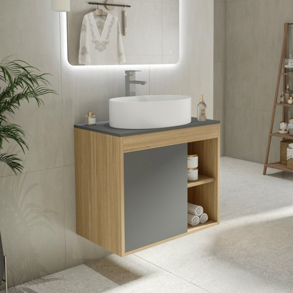 Тумба с раковиной Teymi Nura 70 дуб эврика, матовый графит, раковина Lori 50