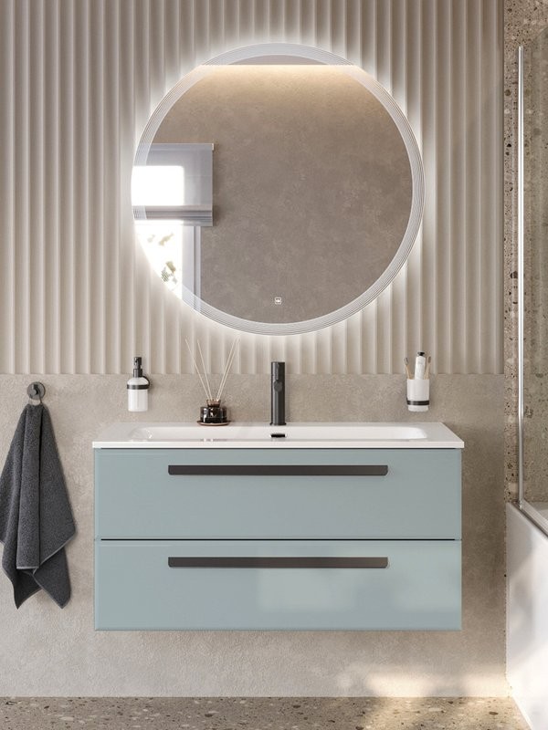 Тумба с раковиной Cezares Eco-Cer-N 100 серо-голубая матовая, раковина CZR-8073-100, ручки матовые черные