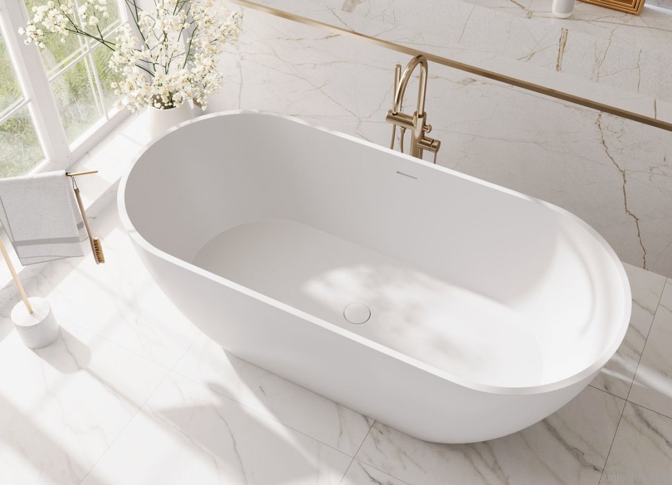 Ванна из искусственного камня Эстет Майами ФР-00017888 170x80 см, отдельностоящая, матовая белая, овальная, со сливом-переливом, с донным клапаном, solid