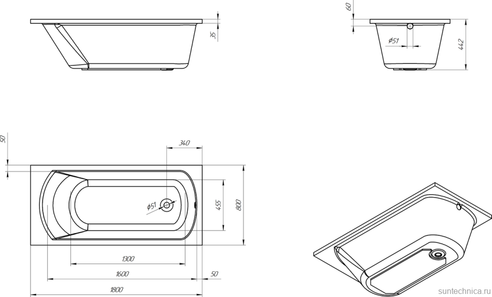 Акриловая ванна EUROLUX Miamika 180x80 см, пристенная, белая, с каркасом