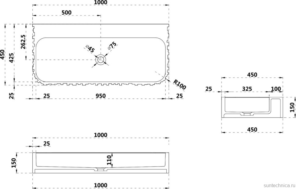 Раковина подвесная Abber Stein AS2652-1.0 100 матовая белая, прямоугольная, искусственный камень
