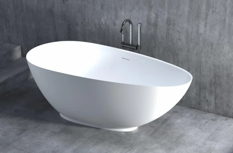 Ванна из искусственного камня Salini Paola S-Stone 160x75 см, отдельностоящая, матовая белая, овальная, со сливом-переливом, с донным клапаном