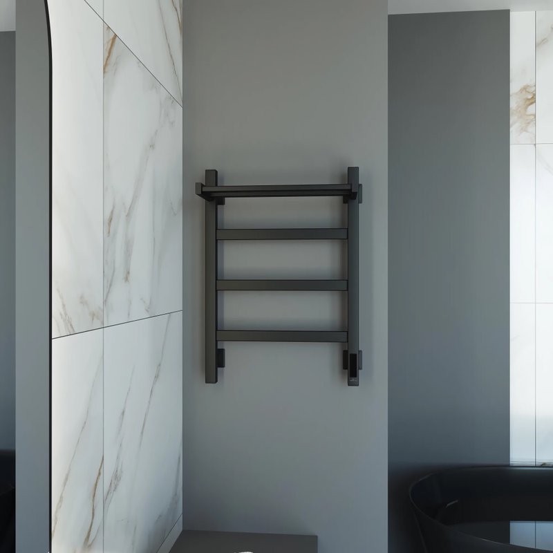 Полотенцесушитель электрический Grota Lore 430х600 RAL9005 EL 60x45 см, подключение справа, слева, скрытое подключение справа, матовый черный, лесенка, из стали, с полкой