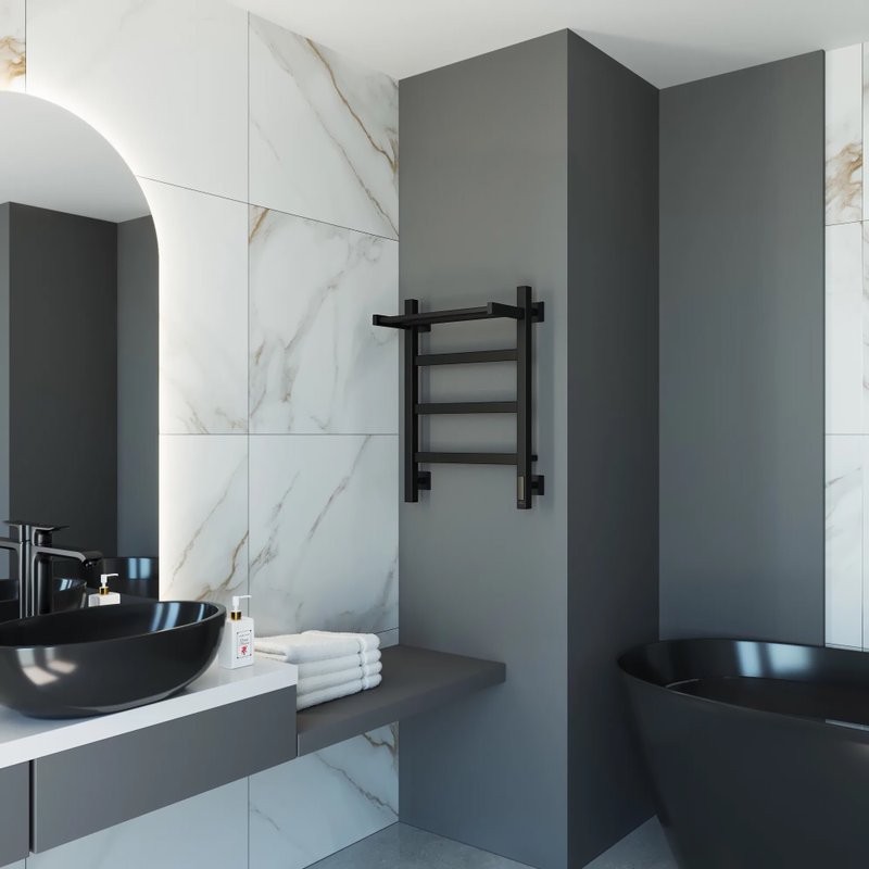 Полотенцесушитель электрический Grota Lore 430х600 RAL9005 EL 60x45 см, подключение справа, слева, скрытое подключение справа, матовый черный, лесенка, из стали, с полкой