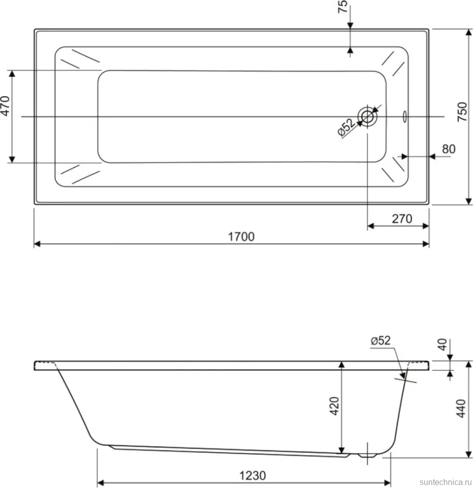 Акриловая ванна Cezares Plane Solo Mini 170x75 см, пристенная, белая, с каркасом