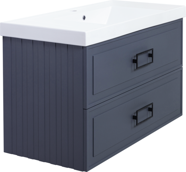 Тумба с раковиной La Fenice Cubo Twin 100 подвесная, blu grigio, ручки черные, раковина Cubo 100