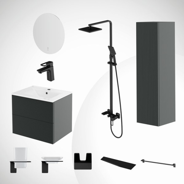 Комплект IDDIS 11в1: тумба подвесная с умывальником Bild 60 см + зеркало с термообогревом Bild + пенал Bild подвесной + душевая система Bild + смеситель для умывальника Bild + набор аксессуаров Slide (мыльница, стакан, полка, полотенцедержатель, крючок дв