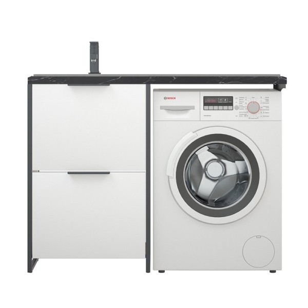 Тумба с раковиной Corozo Гера 120 Z L напольная, белая, под стиральную машину, раковина черный мрамор