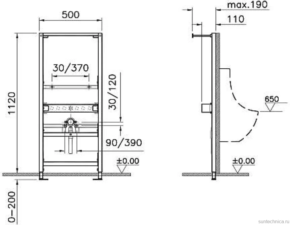 Комплект Инсталляция VitrA Frame 880-3800 + Писсуар Arkitekt 6201B003-0199 подвесной, с внутренним подводом воды
