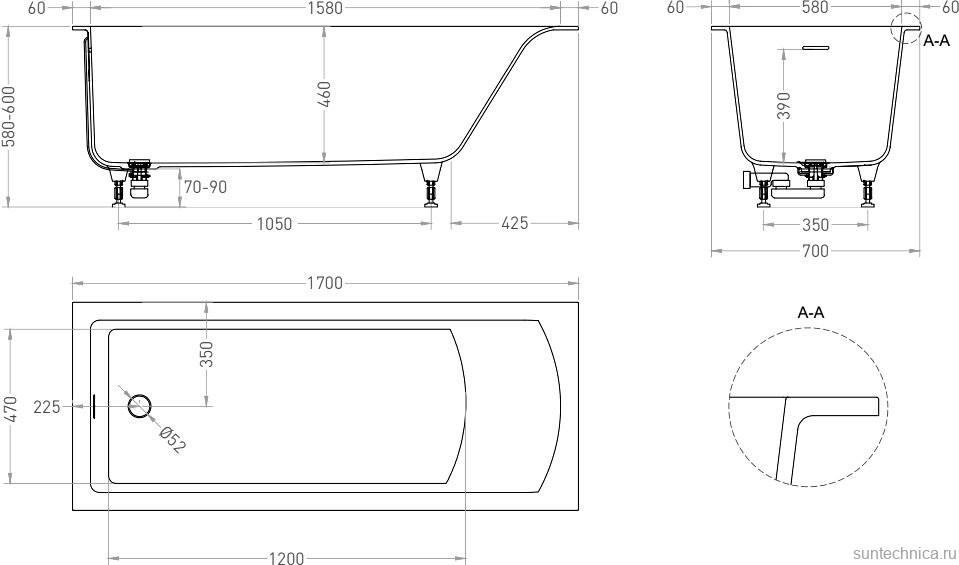 Ванна из искусственного камня Salini Cascata Kit S-Sense 170x70 см, встраиваемая, матовая белая, на ножках, с донным клапаном