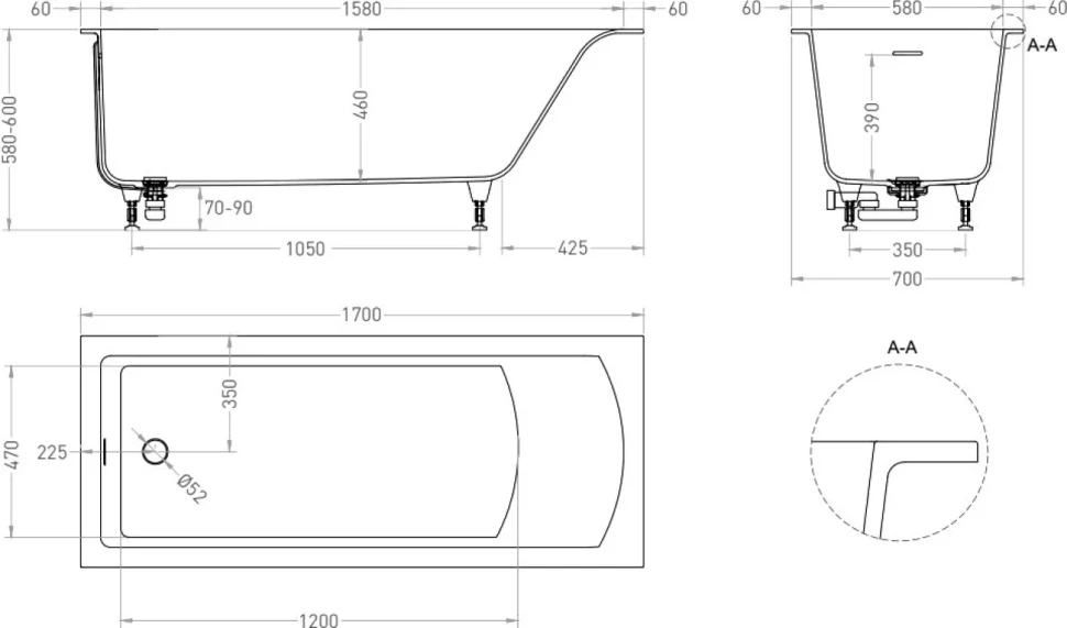 Ванна из искусственного камня Salini Cascata Kit S-Sense 170x70 см, встраиваемая, матовая белая, на ножках, с донным клапаном