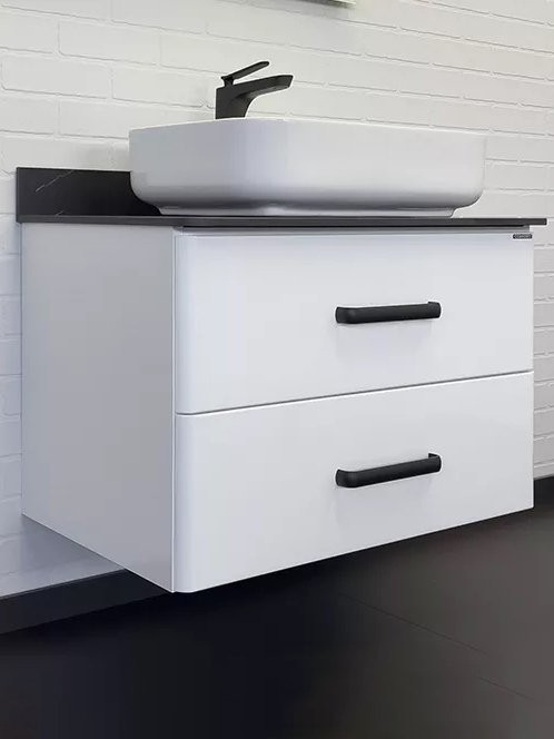 Тумба с раковиной Comforty Амстердам 75 подвесная, глянцевая белая, со столешницей под мрамор Калакатта Блэк