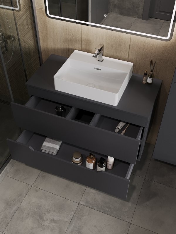 Мебель для ванной комнаты Orange Line 100 подвесная, 2 ящика, матовый графит с раковиной B04-500W