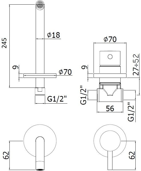 Смеситель для раковины Paffoni Light LIG007NO70 С ВНУТРЕННЕЙ ЧАСТЬЮ