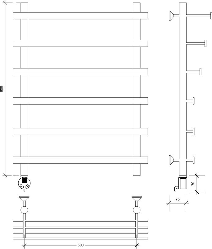 Полотенцесушитель электрический Secado Понтида 7 СП, L 80x60 см, подключение слева, матовый черный, лесенка, с полкой