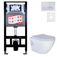 Комплект 3 в 1 Унитаз подвесной Esbano ESWBTERUWN + Инсталляция Fram + Кнопка ESINOVL17GW цвет глянцевый белый