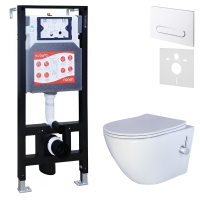 Комплект 3 в 1 Унитаз подвесной Esbano ESWBTERUWN + Инсталляция Fram + Кнопка ESINOVL17GW цвет глянцевый белый