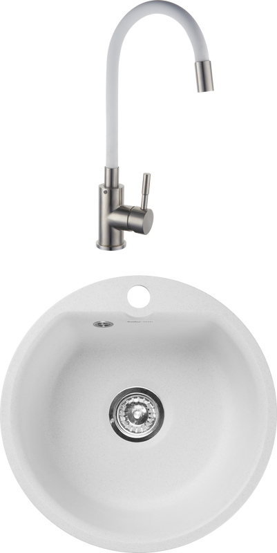 Комплект Мойка GranFest Smart SM 435 белый + Смеситель РМС Sus124w SUS124W-016F белый, сталь