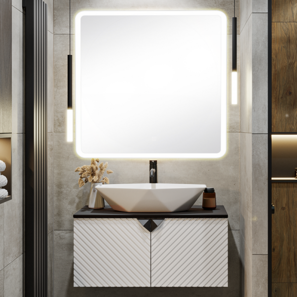 Мебель для ванной комнаты Runo Андорра 85 белая матовая, черная, раковина Poligono 65