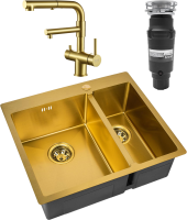 Комплект Мойка Zorg Inox PVD SZR-59-2-51-L BRONZE L, бронза + Смеситель Sanitary SZR-3216 Bronze бронза + Измельчитель Bone Crusher BC 910-SL-Slim Line